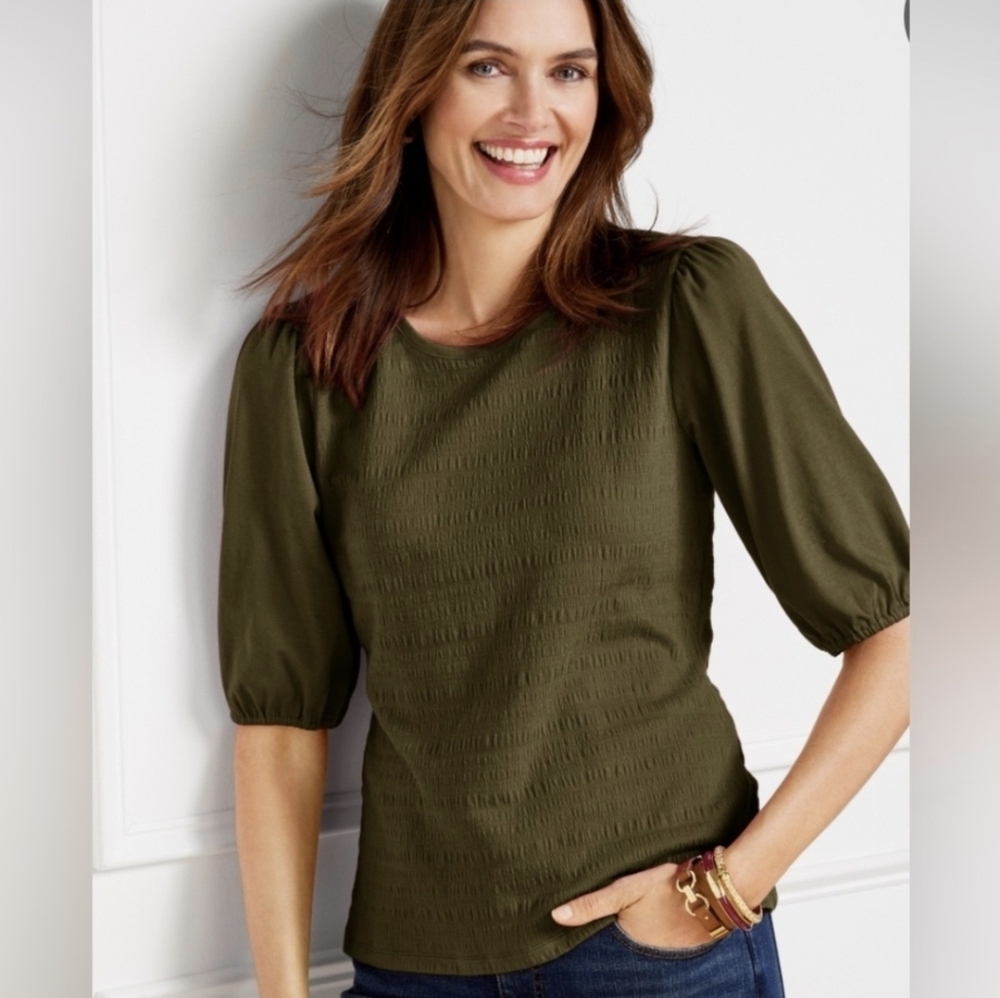 Talbots Olive Green Textured Puff-Sleeve Top